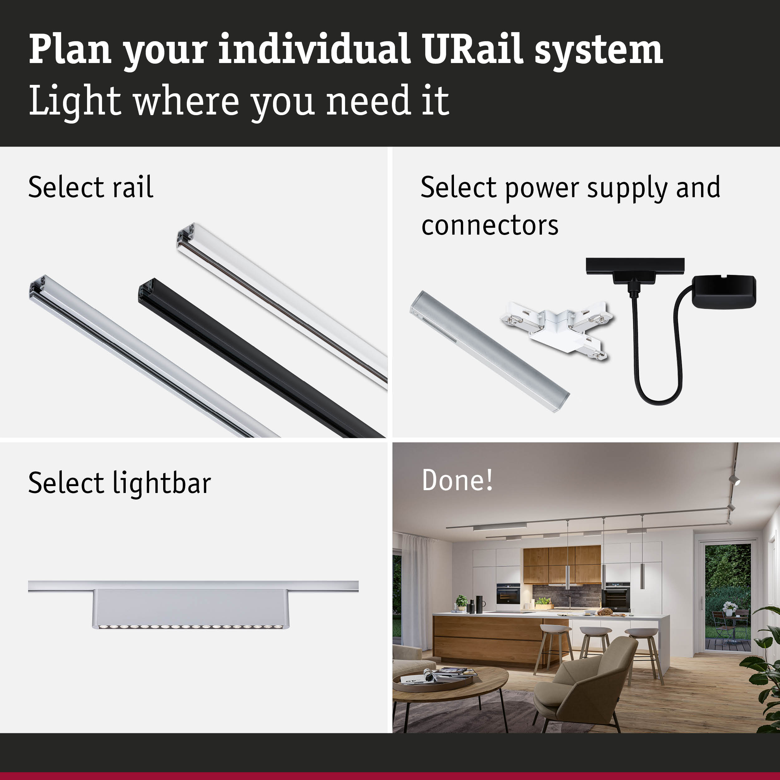 Modular URail rail system with black and white aluminium rails for flexible LED lighting setup.