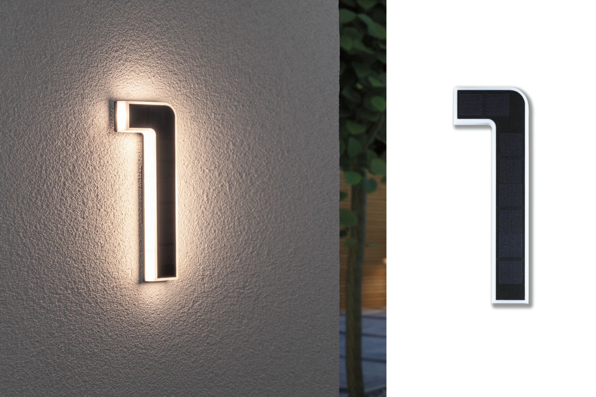 Modern white LED wall light with black solar panel, warm white outdoor lighting solution.