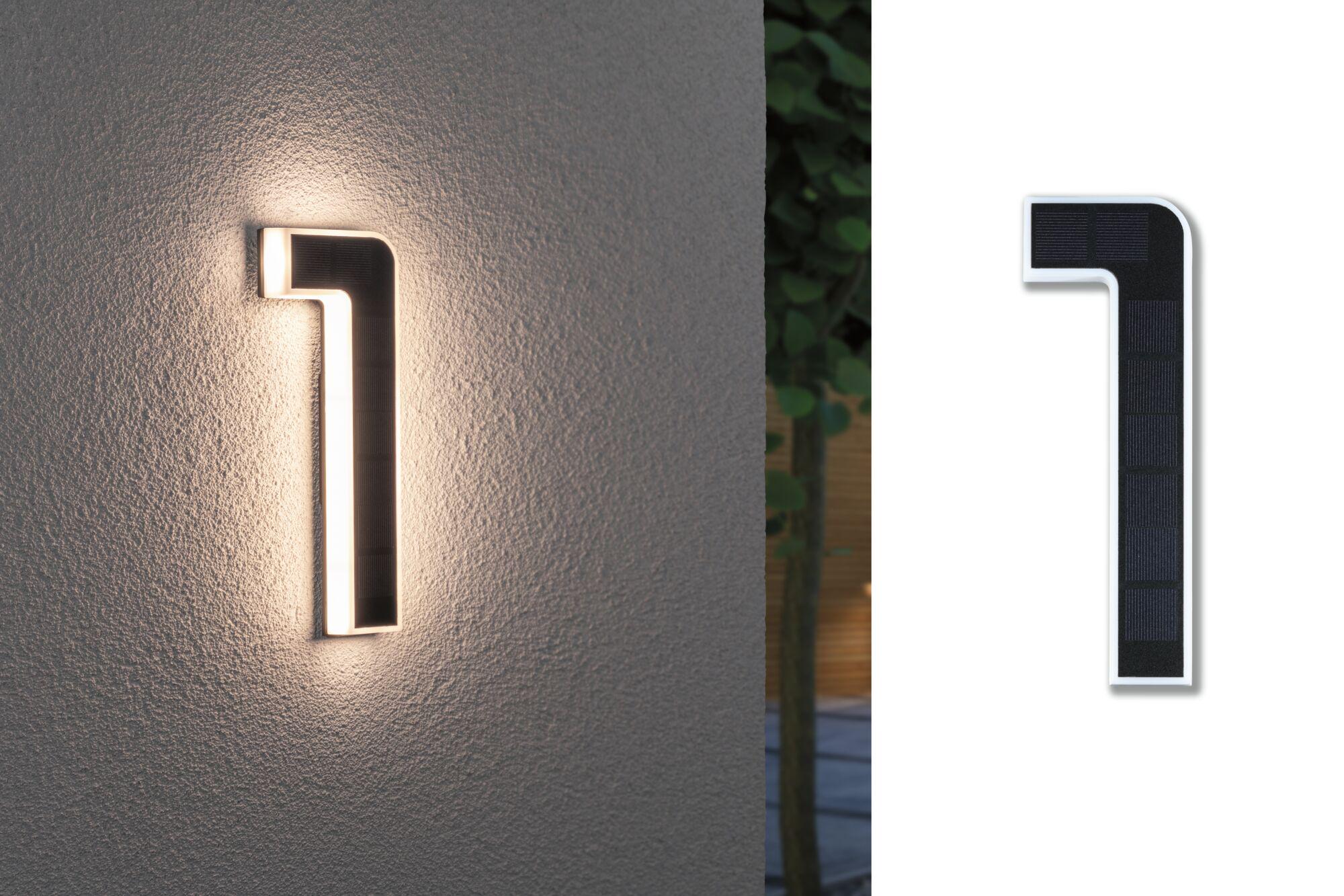 Solar LED-huisnummerverlichting incl. verwisselbare accu Nummer 1 IP44 3000K 6lm Zwart Moderne L-vormige zwarte-witte solar wandlamp met warm wit LED-licht voor buitengebruik