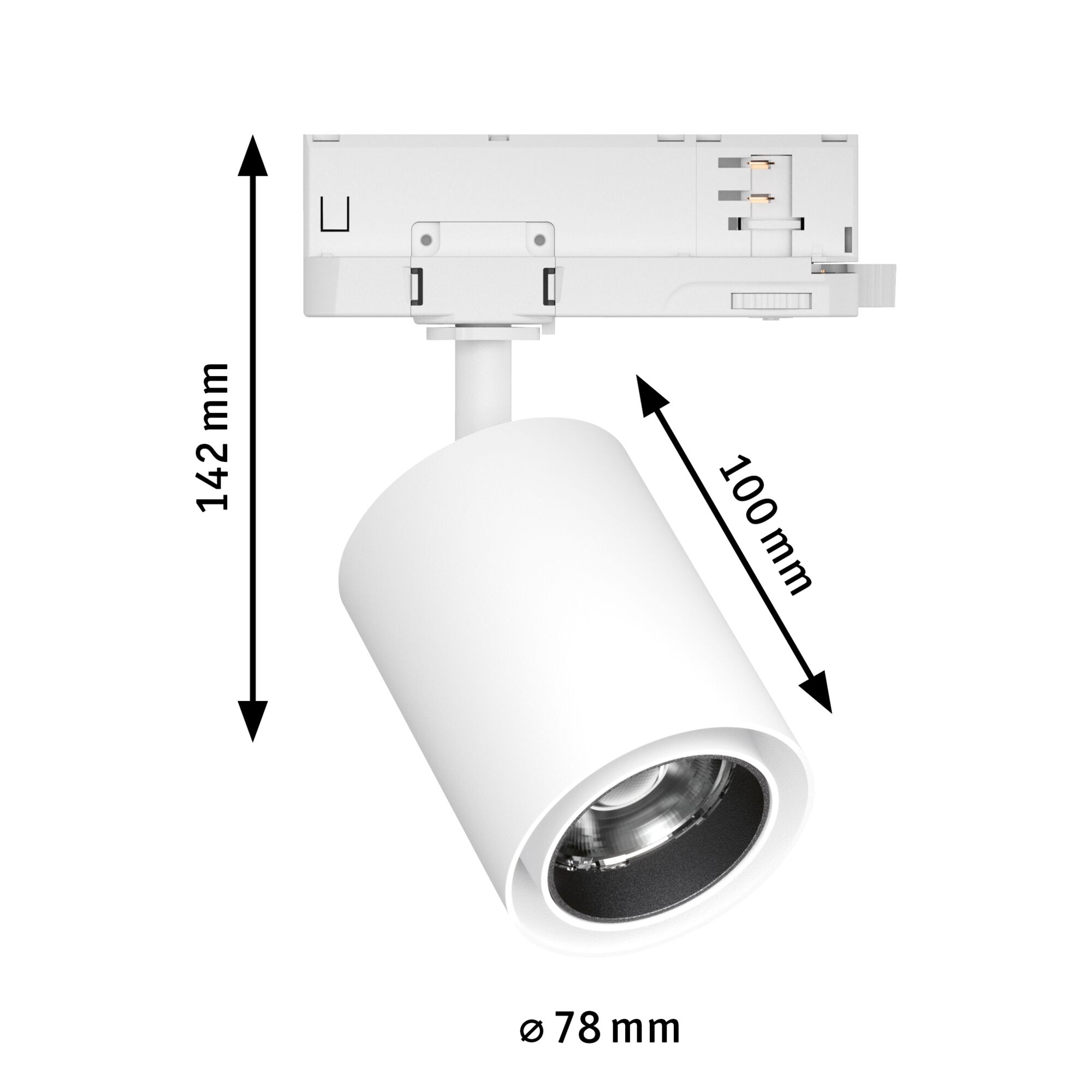White metal LED spotlight with 78 mm diameter and 142 mm height, modern track lighting fixture