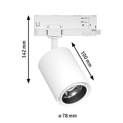 Weißer LED-Spot aus Metall mit 78 mm Durchmesser und 142 mm Höhe, moderner Strahler für Schienensysteme