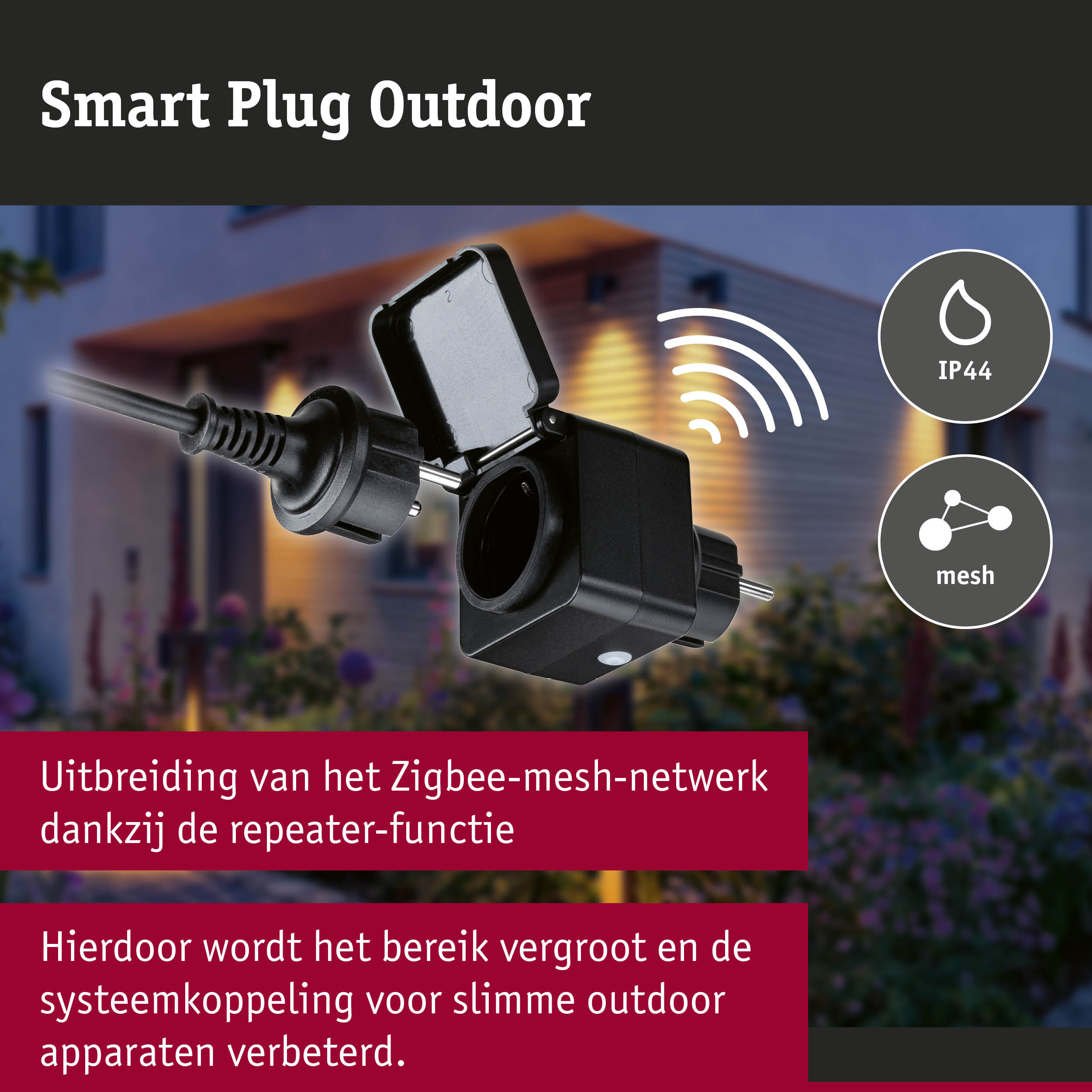 Zwarte Smart Plug Outdoor stekker met IP44 bescherming voor uitbreiding van Zigbee mesh netwerk buiten