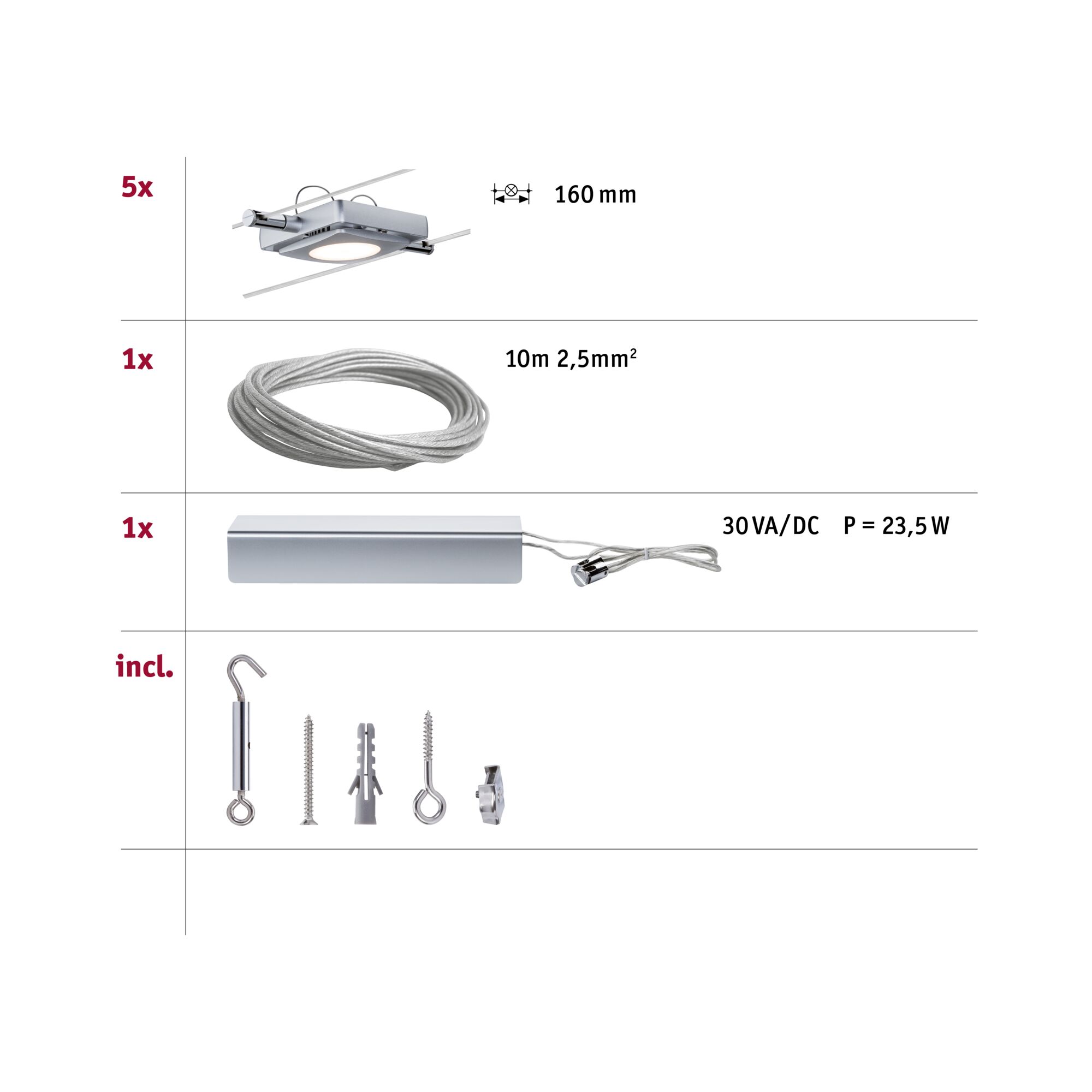 Assembly overview with 5 silver LED lights, 10m steel cable, 30VA/DC power supply, and mounting accessories.