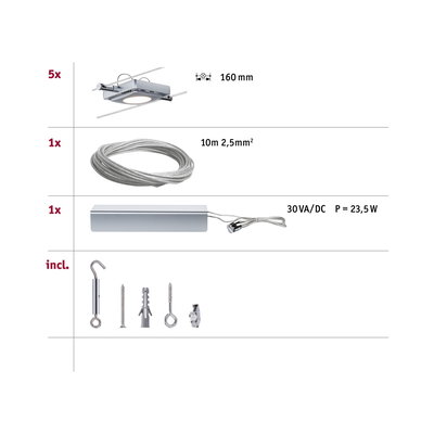 Assembly overview with 5 silver LED lights, 10m steel cable, 30VA/DC power supply, and mounting accessories.