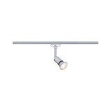 Modern silver metal LED spotlight on track system for flexible room lighting solutions