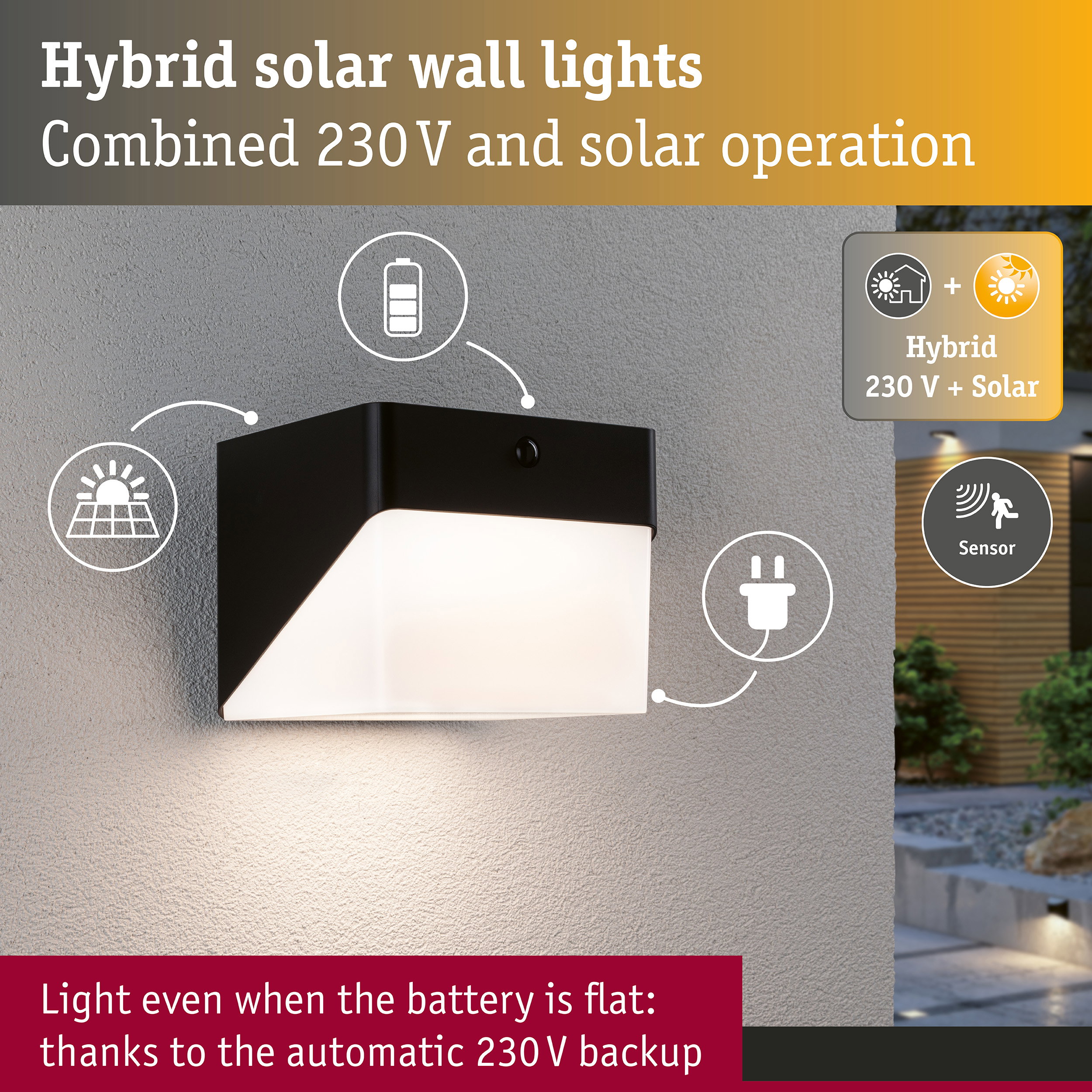 Hybrid LED Exterior wall light Lioren House 230V + Solar IP44 angular 170x170mm 3000K 2,3W 230lm 230V Black