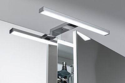 Modern chrome LED bathroom light with two bars above mirror cabinet for bright bathroom lighting