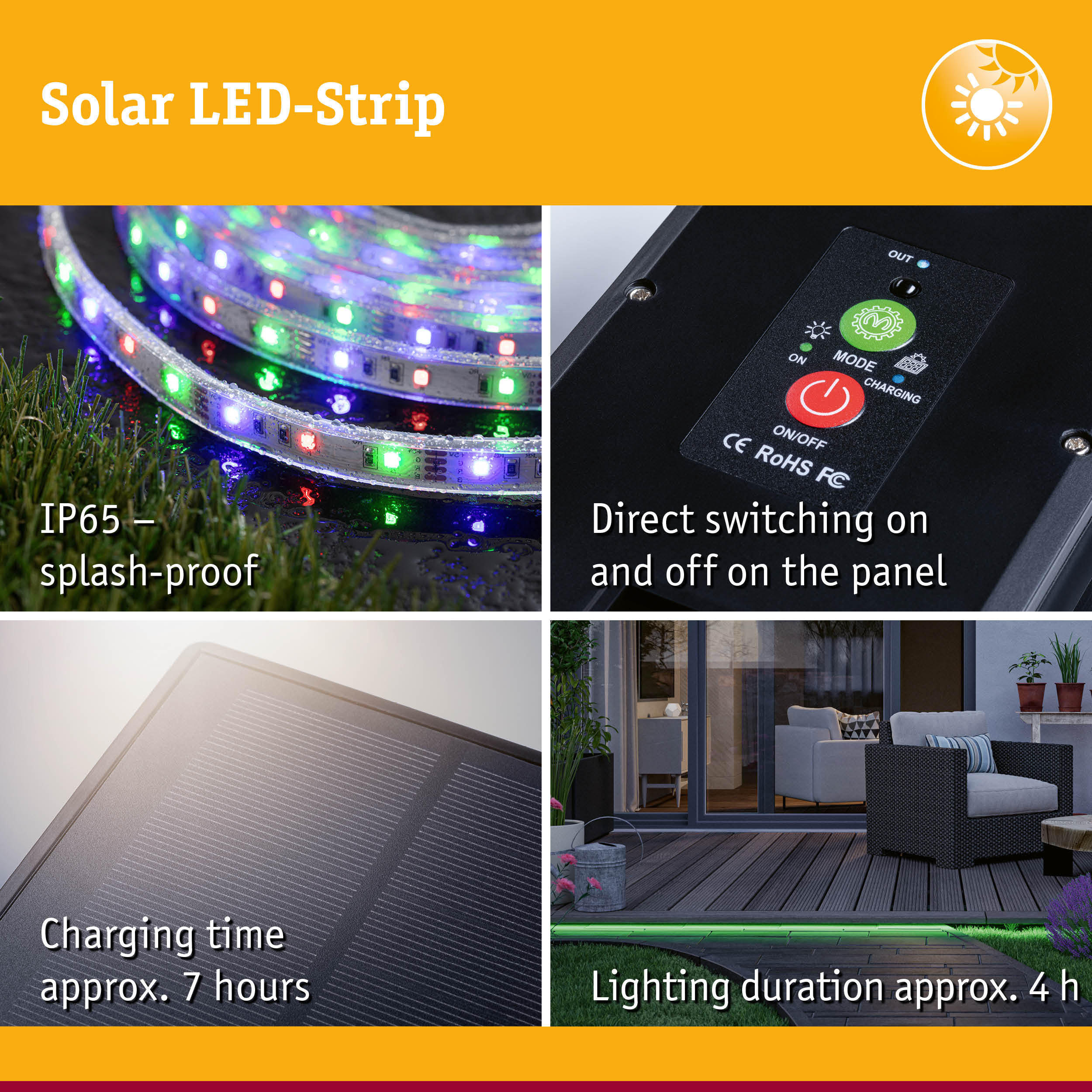 Solar LED strip with IP65 splash-proof rating, direct switch control, approx. 7 hours charging time