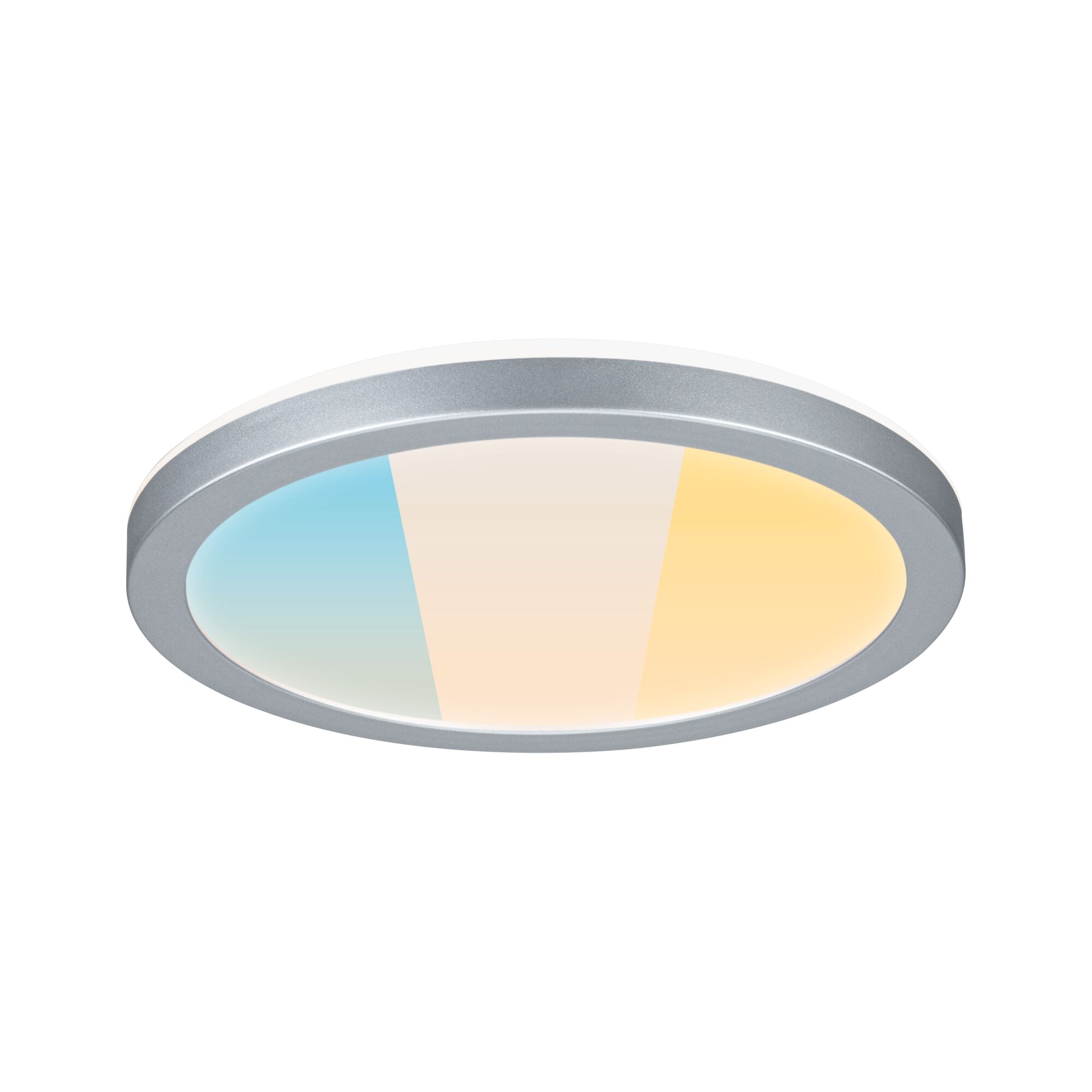 LED Panel Atria Shine White Select IP44 round 190mm 7,6W 1100lm White Select Chrome matt Round LED ceiling light with silver aluminum frame and adjustable color temperature for ambient lighting.