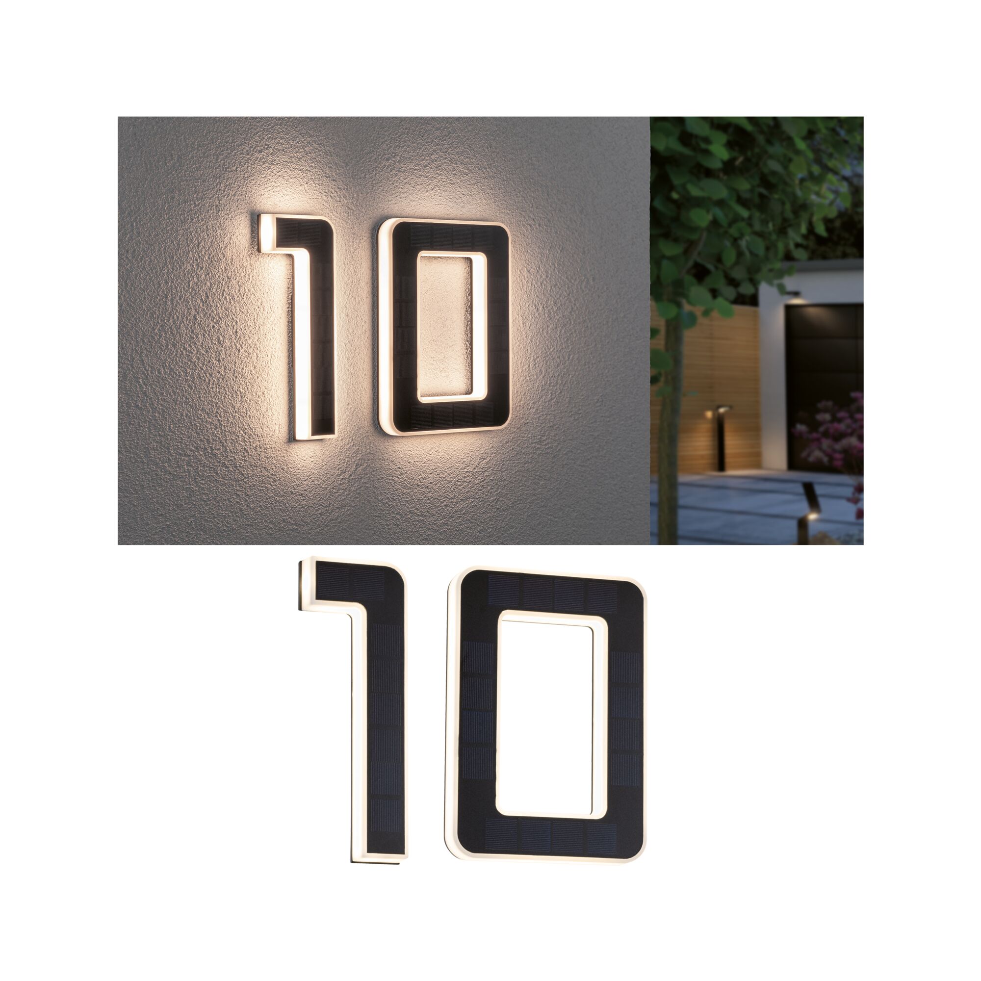 Sæt Solar LED-husnummerarmatur inkl. udskifteligt batteri 3000K 2x6lm 2x0,2W Sort Moderne husnummer 10 i sort materiale med integrerede LED-lys på ydervæg