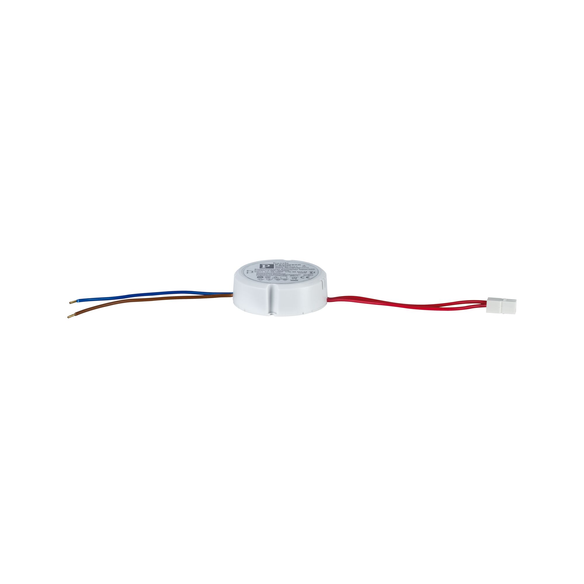 VDE Elektroniktrafo Disc max. 35-105W 230/12V 105VA Weiß Weißes LED-Treibergehäuse mit blauen, braunen und roten Kabeln für LED-Beleuchtung