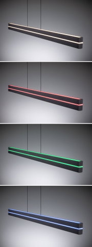Modern black LED pendant light with adjustable white, red, green, and blue lighting for living spaces