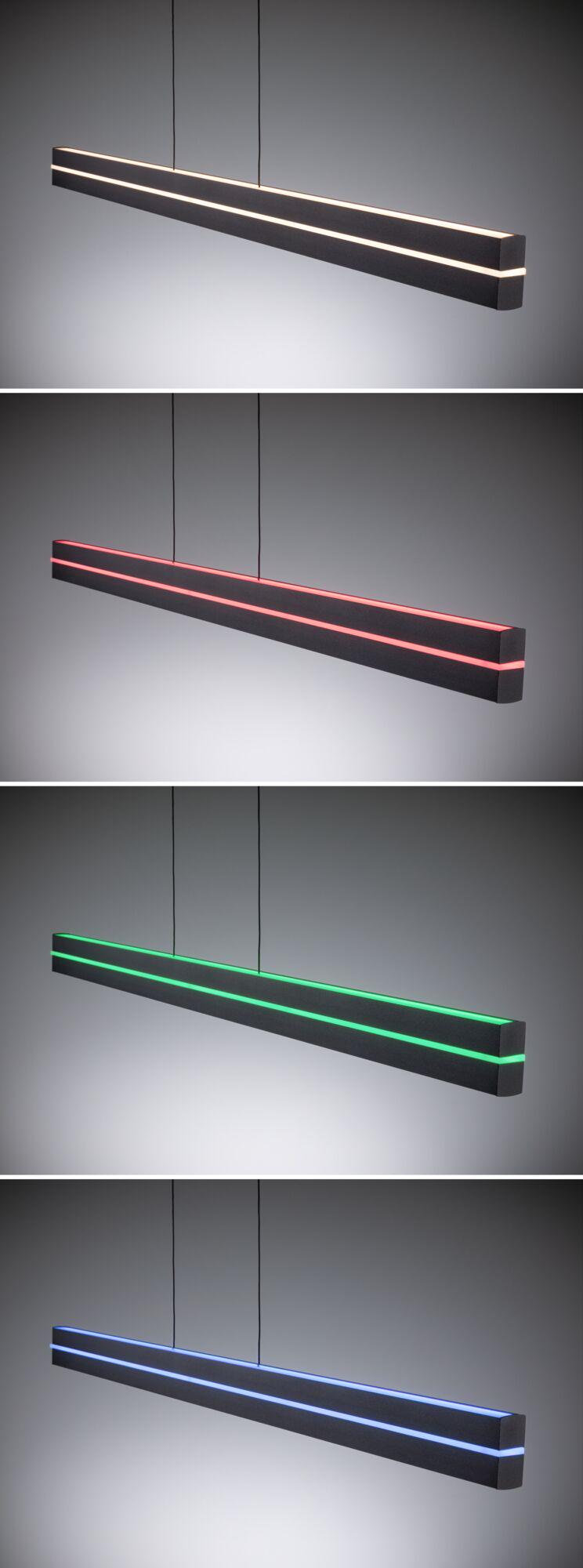 Modern black LED pendant light with adjustable white, red, green, and blue lighting for living spaces