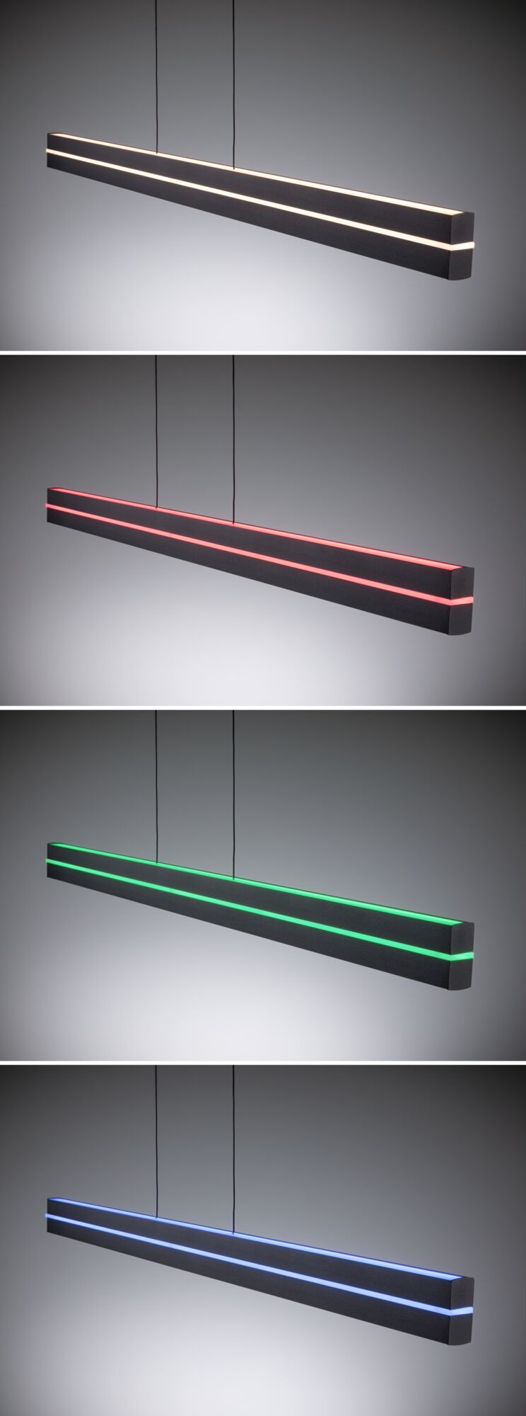 Moderne schwarze LED-Pendelleuchte mit variablen Lichtfarben Weiß, Rot, Grün und Blau für Wohnräume