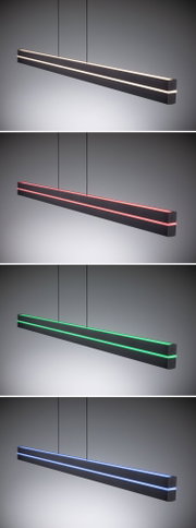 Moderne schwarze LED-Pendelleuchte mit variablen Lichtfarben Weiß, Rot, Grün und Blau für Wohnräume