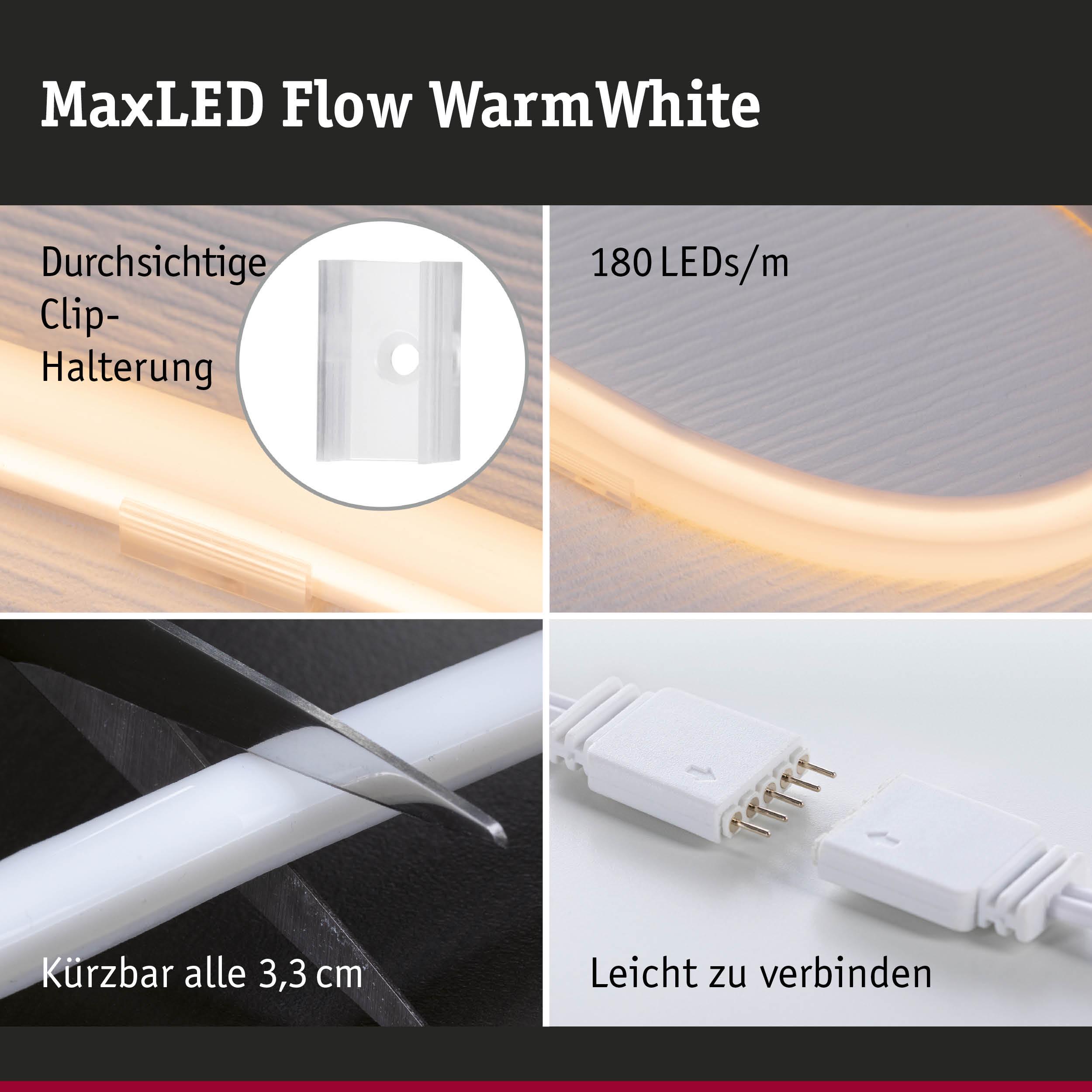 MaxLED Flow WarmWhite LED-Lichtstreifen mit transparenter Clip-Halterung, 180 LEDs/m, kürzbar alle 3,3 cm, leicht verbindbar