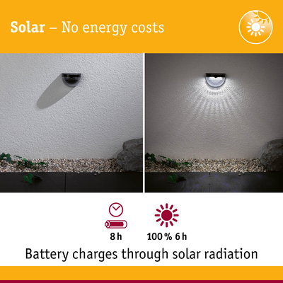 Black solar-powered outdoor wall light on white wall with energy saving info and charging time details