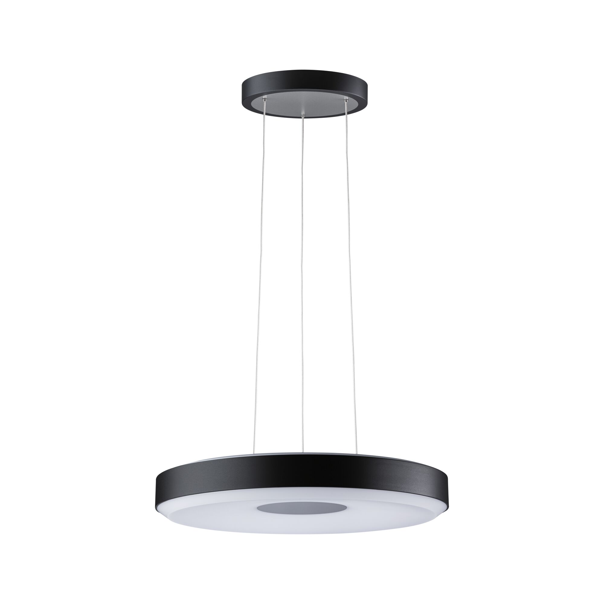 Round black metal LED pendant light with white diffuser for modern indoor lighting