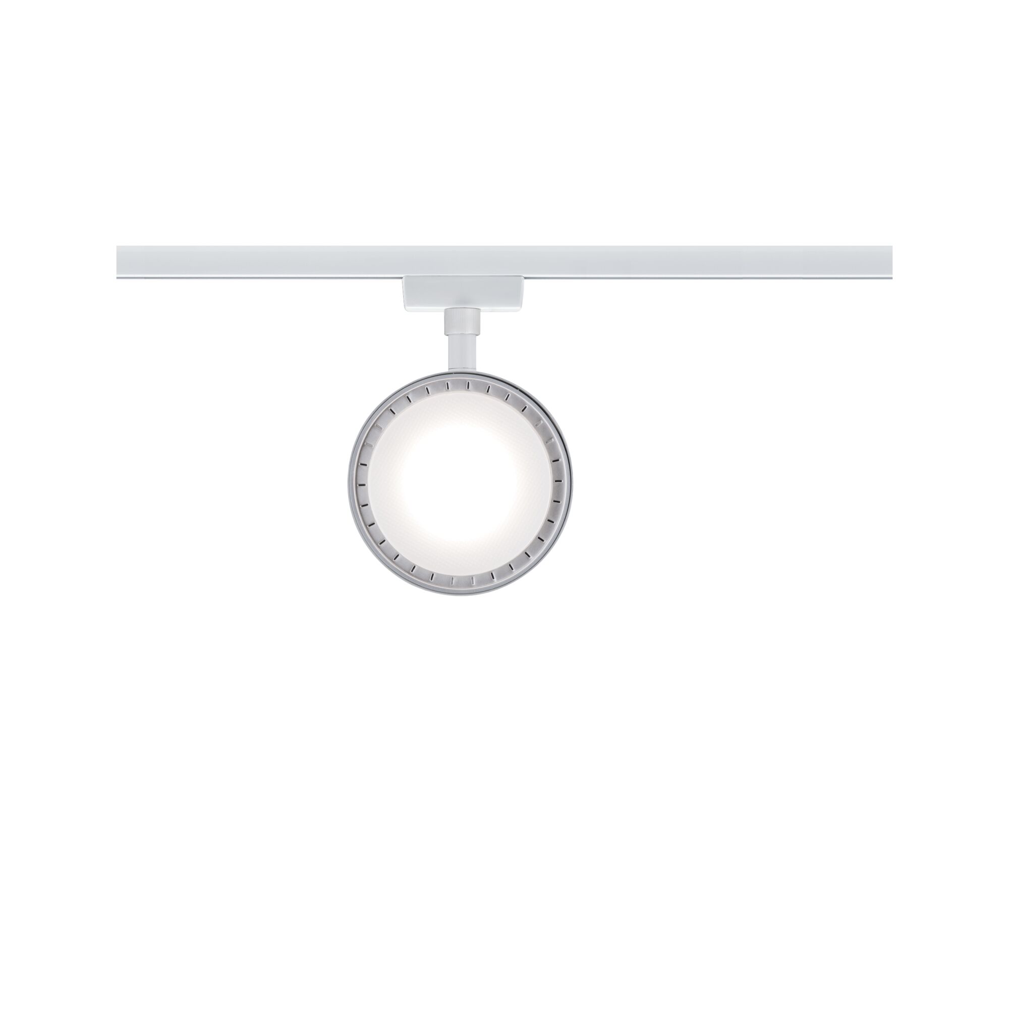 Round white LED track spotlight made of metal with diffused light surface for modern indoor lighting