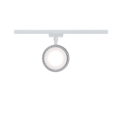 Round white LED track spotlight made of metal with diffused light surface for modern indoor lighting