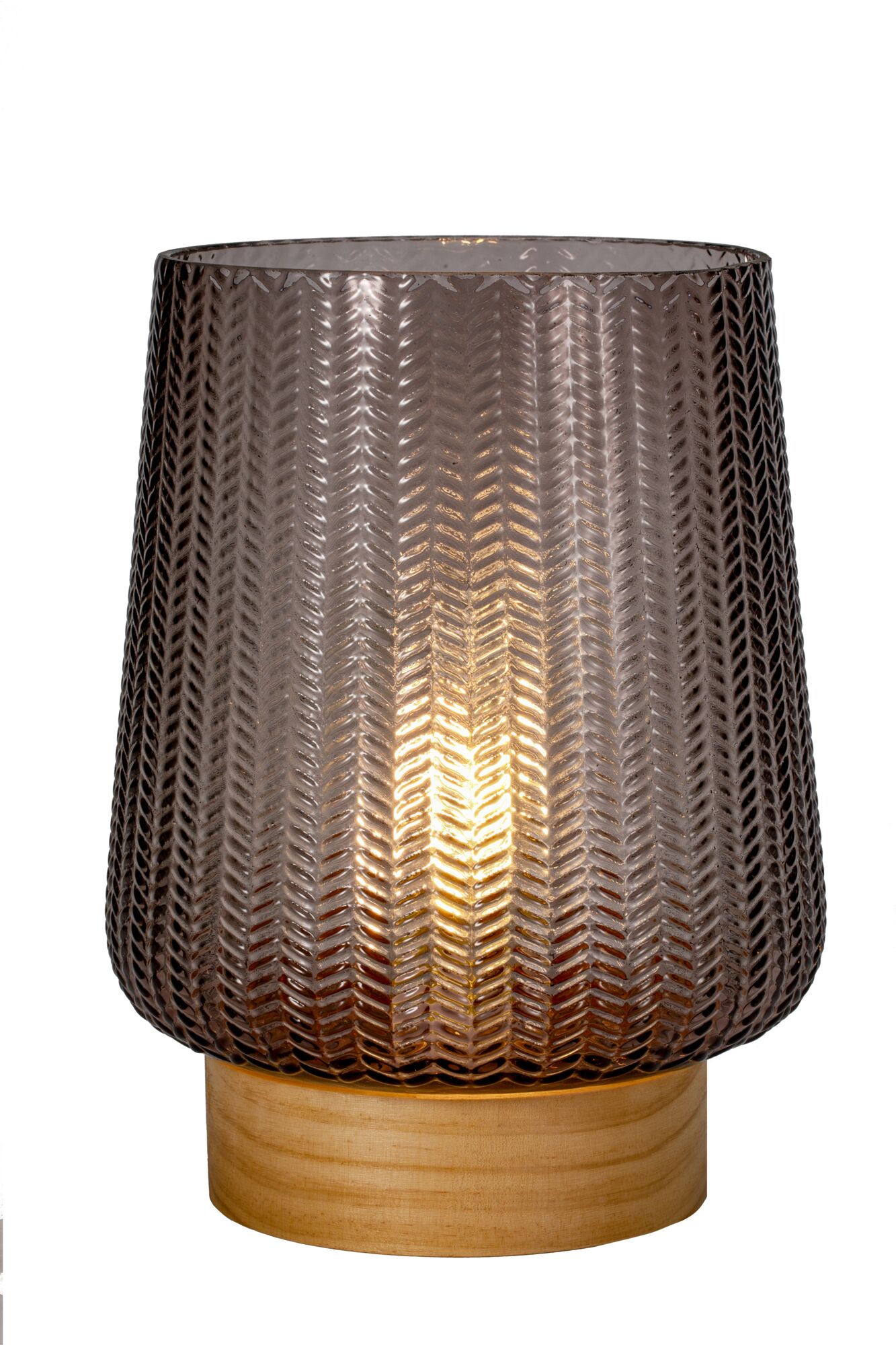 Table lamp with smoked glass and wooden base, decorative lighting for living room and bedroom