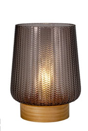 Table lamp with smoked glass and wooden base, decorative lighting for living room and bedroom