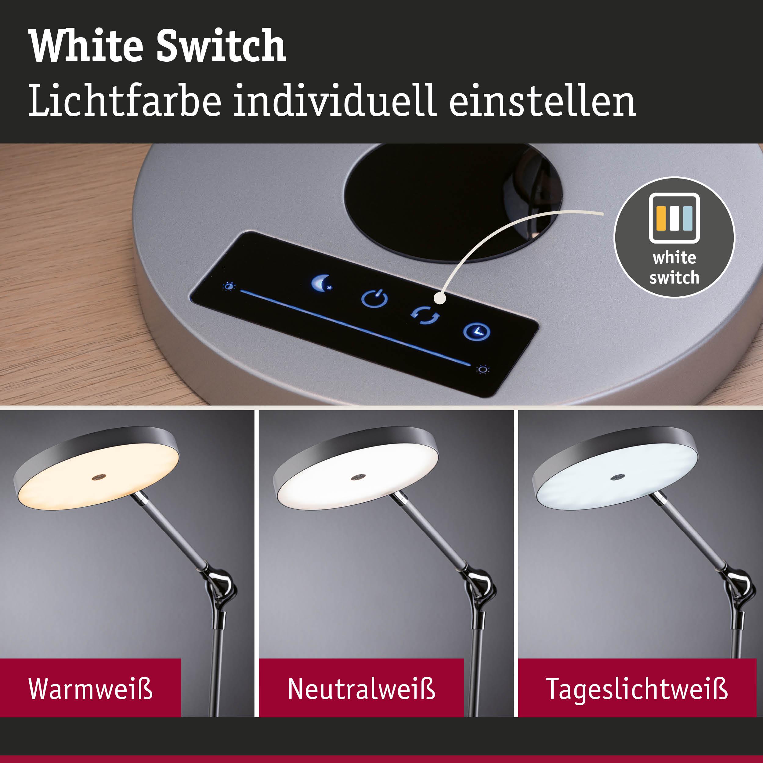 Moderne LED-Schreibtischlampe mit einstellbarer Lichtfarbe in warmweiß, neutralweiß und tageslichtweiß.