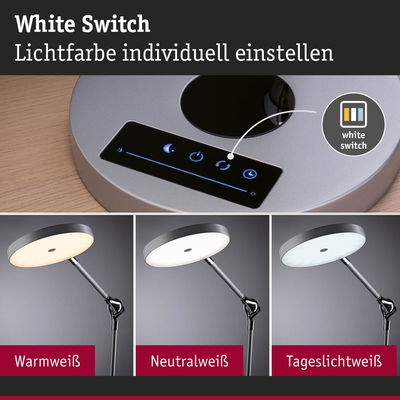 Moderne LED-Schreibtischlampe mit einstellbarer Lichtfarbe in warmweiß, neutralweiß und tageslichtweiß.