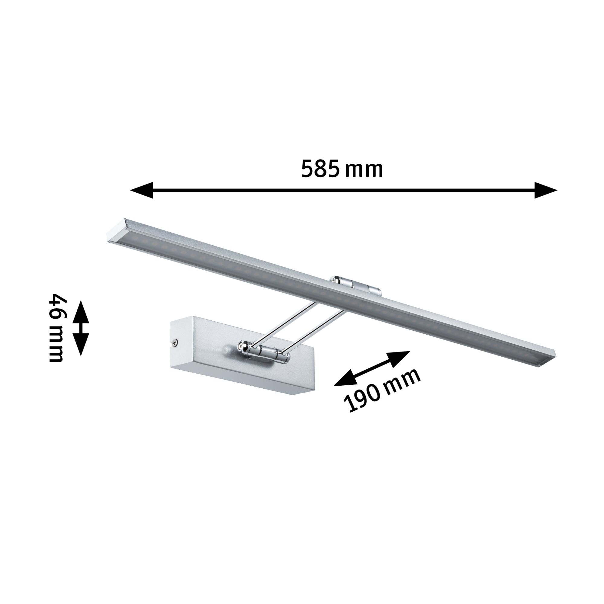 Silver metal LED wall light 585 mm long and 46 mm high for modern indoor lighting solutions