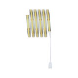 Flexible LED strip with warm white light and white connector cable for versatile lighting solutions.