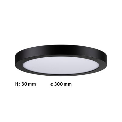 Flat round LED ceiling light with black aluminum frame and white diffuser, 300 mm diameter