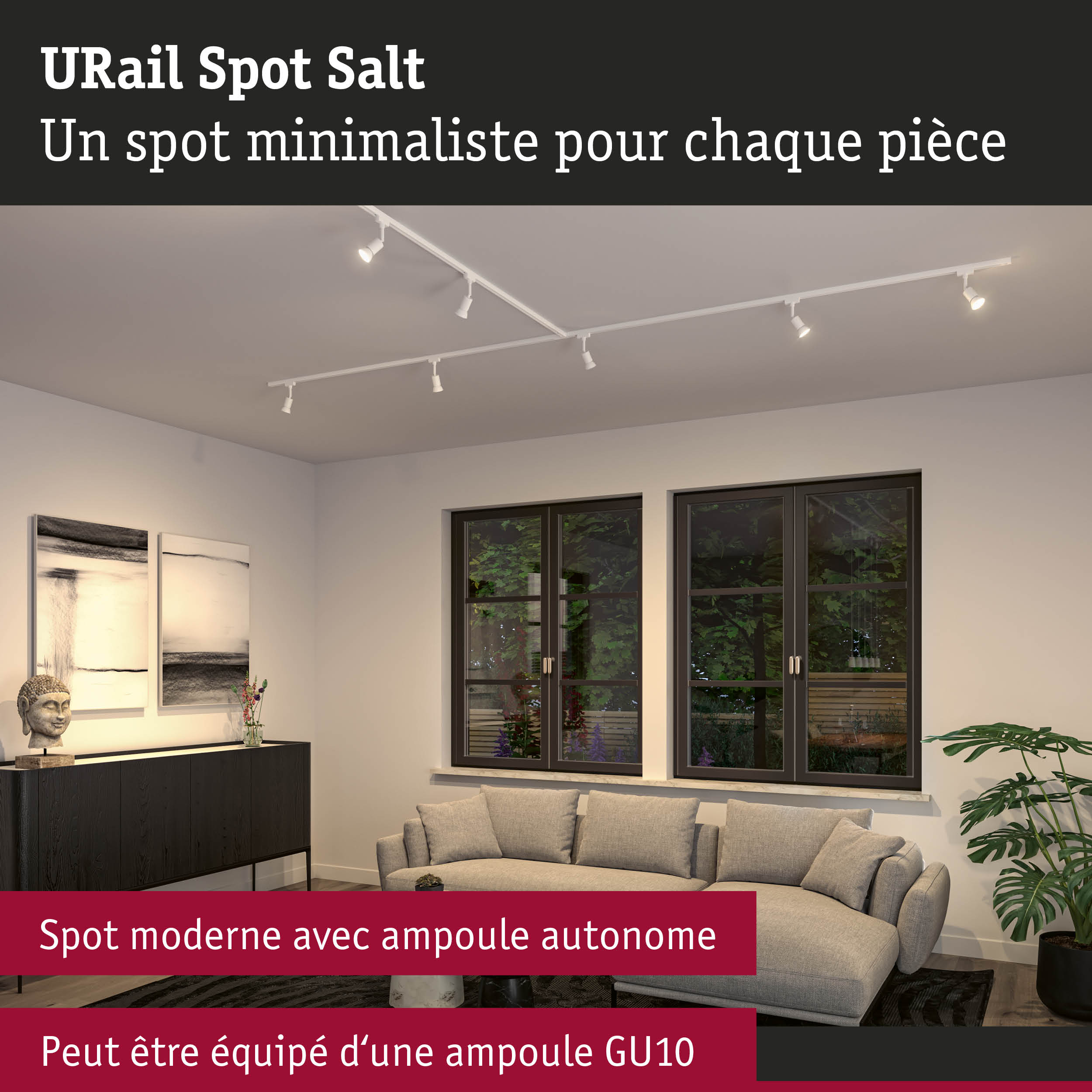 Système d'éclairage sur rail URail Spot Salt blanc avec spots minimalistes pour intérieur moderne