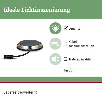 Schwarze LED-Leuchte mit Kabelanschluss für einfache Lichtinszenierung und flexible Erweiterung.