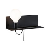 Modern black metal wall lamp with round white glass lampshade and visible cable connection