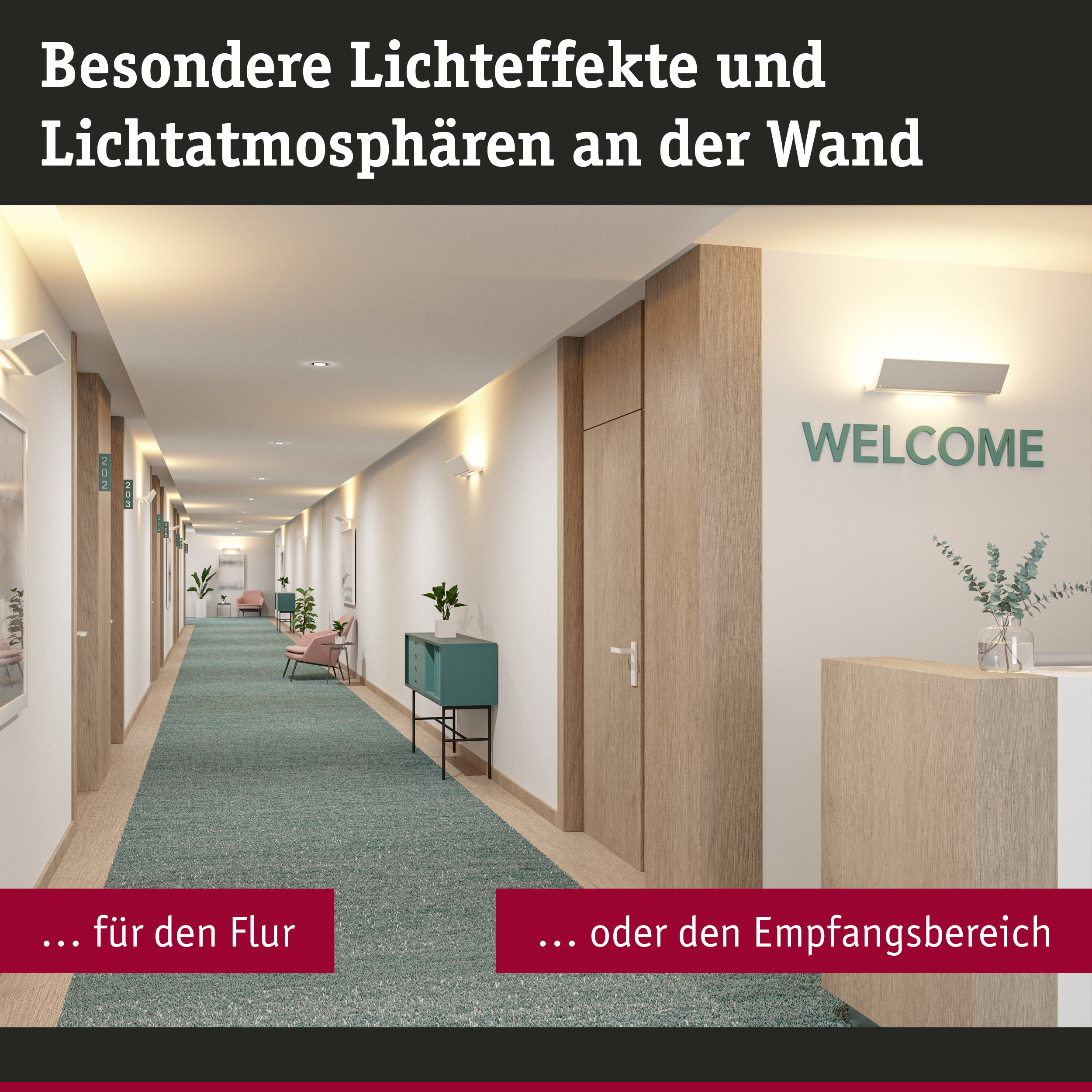 Moderner Flur mit weißen Wandleuchten und Holzdetails, ideal für Beleuchtung und Empfangsbereich