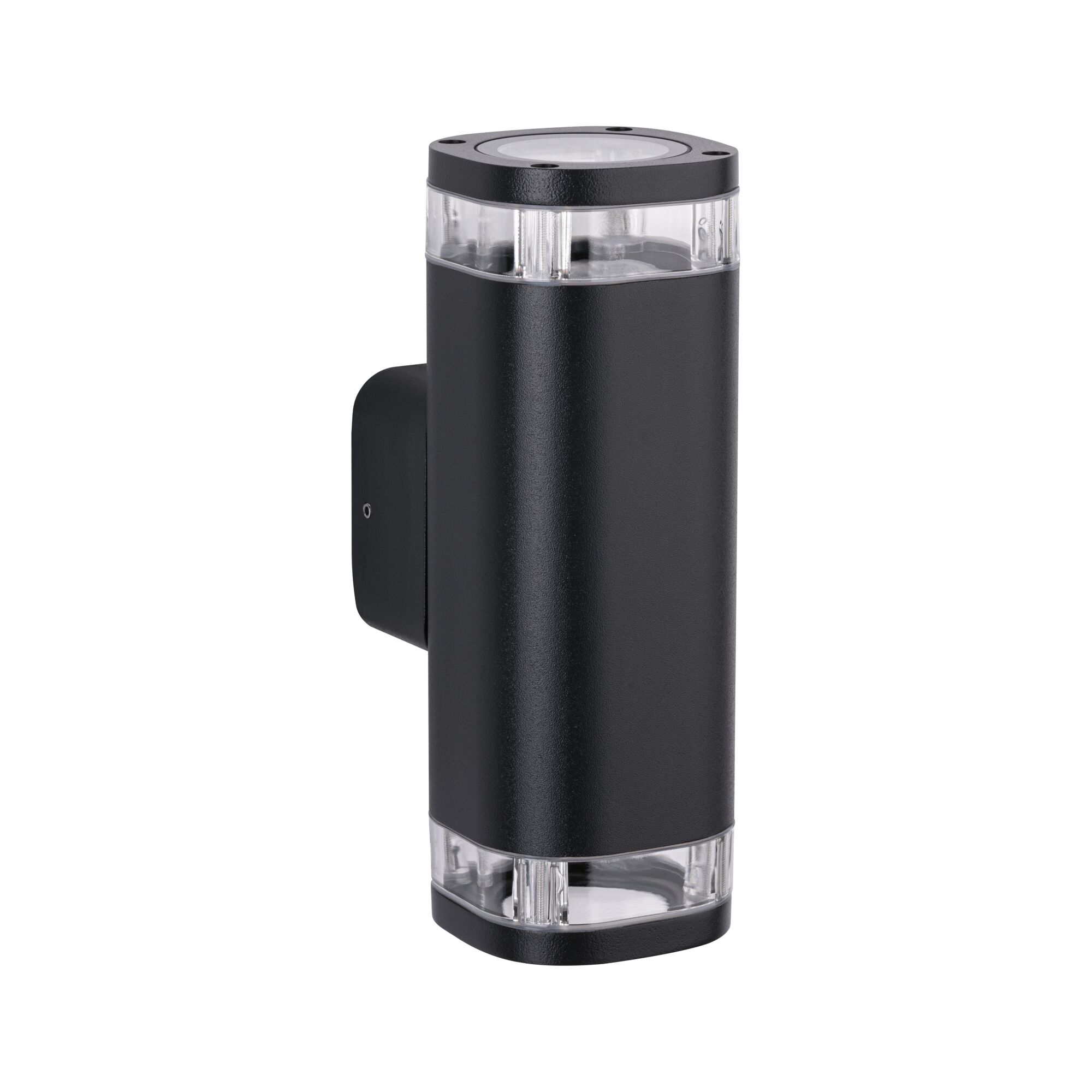 Black aluminum wall light with clear elements, modern outdoor lighting for house facades