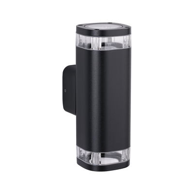 Black aluminum wall light with clear elements, modern outdoor lighting for house facades