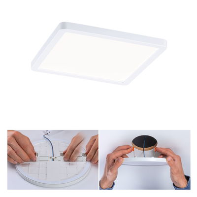 Weißes LED-Deckenpanel mit quadratischem Design und Montageanleitung für energiesparende Raumbeleuchtung
