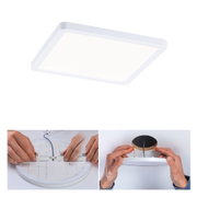 Weißes LED-Deckenpanel mit quadratischem Design und Montageanleitung für energiesparende Raumbeleuchtung