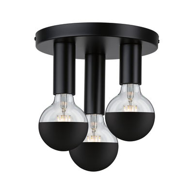 Ceiling light with three black metal sockets and half-transparent bulbs for modern home lighting