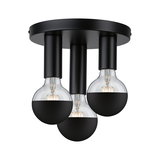 Ceiling light with three black metal sockets and half-transparent bulbs for modern home lighting