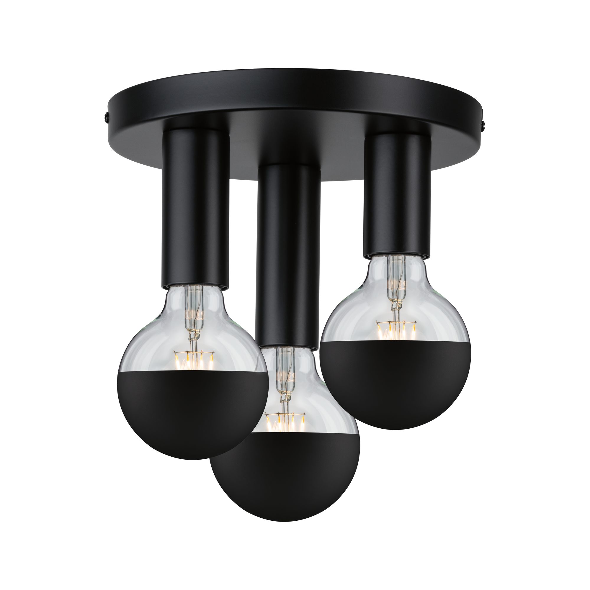 Modern ceiling light with three black metal sockets and clear bulbs for stylish living room lighting