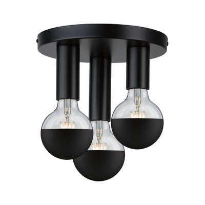 Modern ceiling light with three black metal sockets and clear bulbs for stylish living room lighting