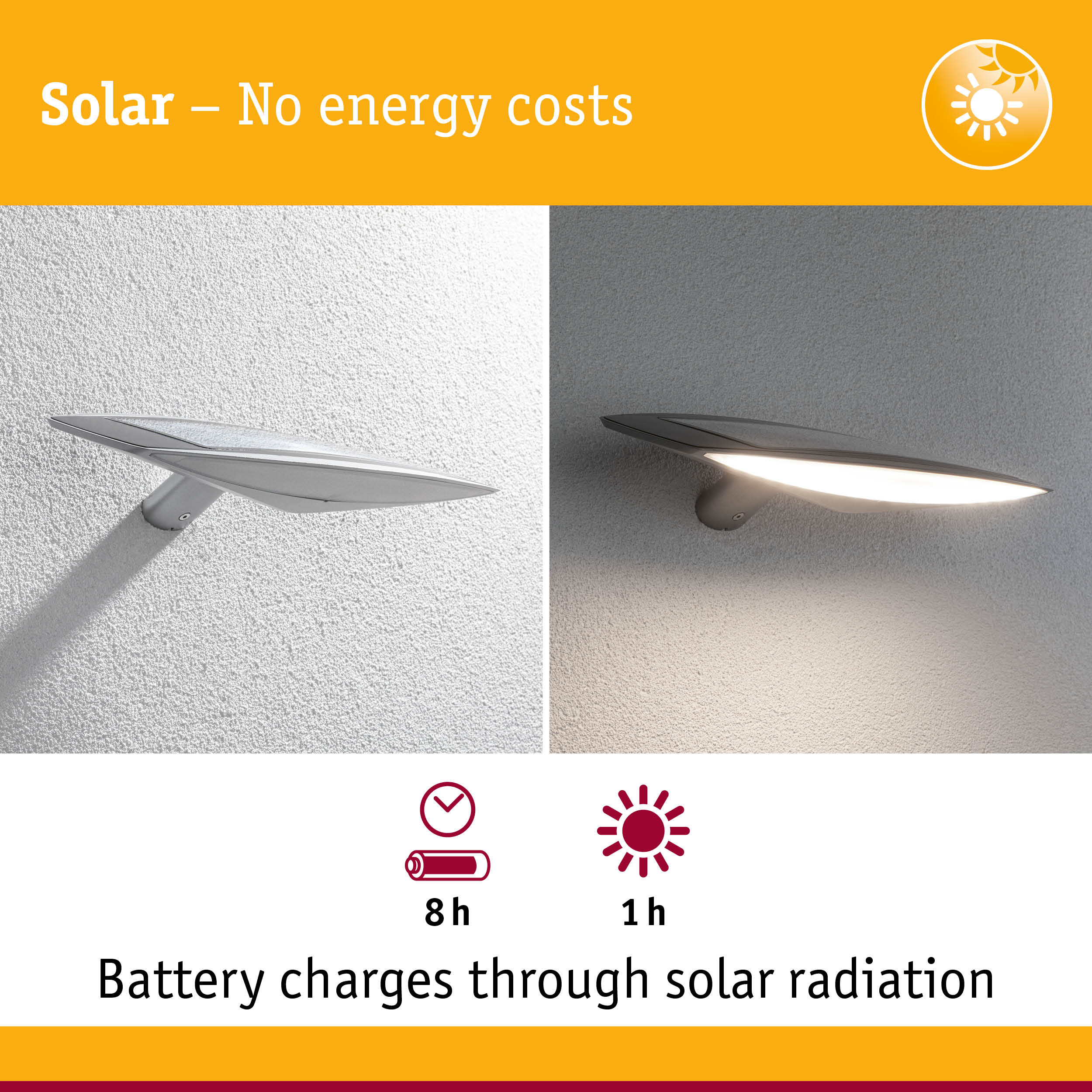 Grey metal solar wall light with energy-saving LED illumination for outdoor use and sustainable lighting