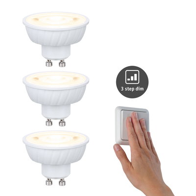 Tre hvide GU10 LED-pærer med 3-trins dæmpning, håndbetjent lyskontakt, dæmpbare LED-pærer
