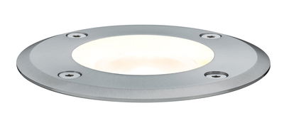 Rundes Edelstahl-Einbauleuchte mit warmweißem Licht und vier Schrauben für Außenbereiche.