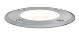Round stainless steel recessed light with warm white glow and four screws for outdoor use.