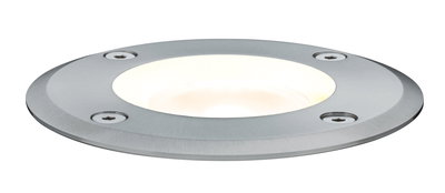 Round stainless steel recessed light with warm white glow and four screws for outdoor use.