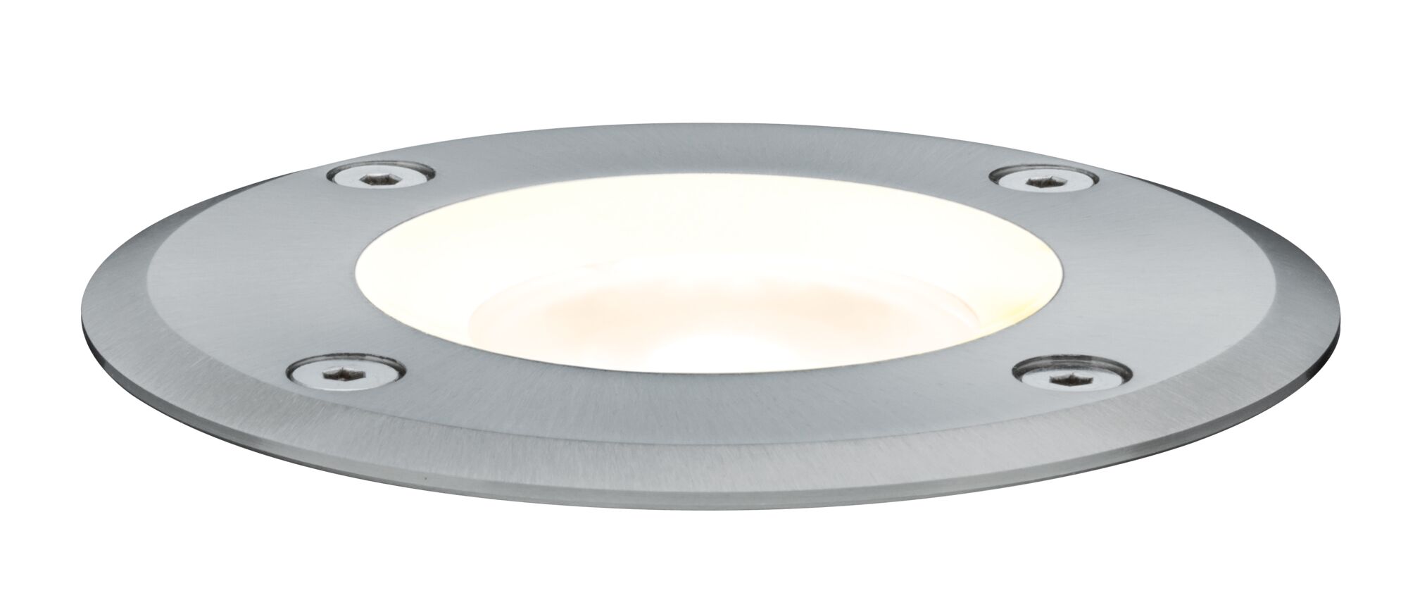 Spot encastré rond en acier inoxydable avec lumière blanc chaud et quatre vis pour extérieur.
