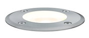 Round stainless steel recessed light with warm white glow and four screws for outdoor use.